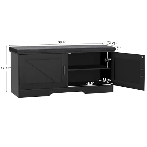 HOMSHO 2-Tier Storage Bench, 39.4" Wide Shoe Bench with Padded Seat Cushion, Entryway Bench with 2 Barn Doors and Adjustable Shelf, Black - color: Black, size: 39.4" Wide