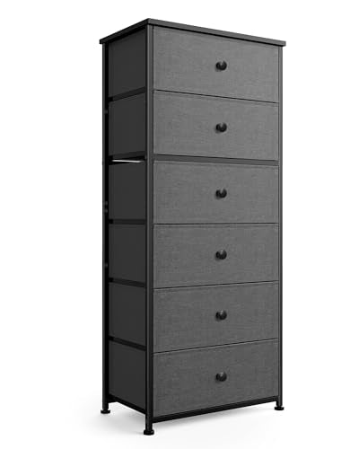 Mifuro Tall Fabric Dresser for Bedroom, Wide Vertical Storage Organizer Tower with 6 Drawers, Chest of Drawers with Bins, Steel Frame, Wood Top for Bedroom, Closet, Entryway Black - color: Grey, size: 6 Large Drawers