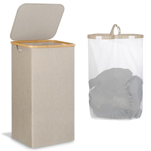IEGrow Laundry Basket with Lid, Large Laundry Hamper with Handle and Lid, Collapsible Clothes Basket Organizer with Removable Inner Bag for Clothes Toys Towels (Oatmeal, 110L) - color: Oatmeal, size: 110L