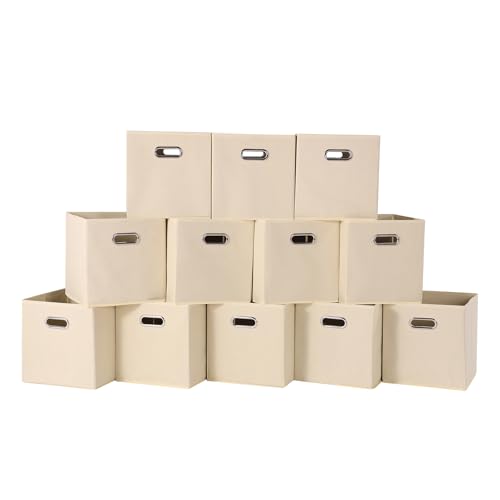Foldable cube storage bins, Fabric Storage Box Cubes Organizer Baskets with Dual Handles for Home Organizer,Nursery,Shelves,Closet,Set of 12,(Creamy-White) - color: Creamy-White, size: 12 Pack