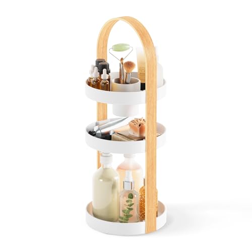 Umbra Bellwood Caddy, Organizer for Makeup and Cosmetics, Durable Rotating Container with Wooden Handle, Large, White/Natural - color: White/Natural, size: Large