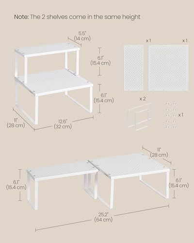 SONGMICS Spice Racks, Set of 2 Metal Cabinet Shelf Organizers, Countertop Organizers, Shelf Risers, Stackable, Expandable, White UKCS005W01 - color: White, size: 11"D x 12.6"W x 6.1"H + 5.5"D x 12.6"W x 6.1"H