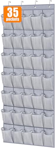 MISSLO 35 Large Pockets Over The Door Shoe Organizer Sturdy Oxford Fabric Hanging Shoe Rack for Door Mesh Closet Shoe Holder Hanger, Grey - color: Grey, size: 24.5x68.5