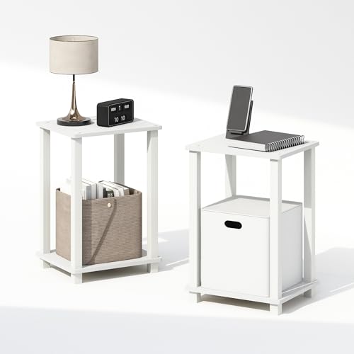 Furinno Simplistic Night Stand Set of 2, 2-Tier Small Nightstand with Open Shelf, Toolless Bedside Table, End Table, Side Table, for Bedroom, Closet, Dorm, White - color: White/White, size: 2-Tier, Square Tubes, style: 2-Pack