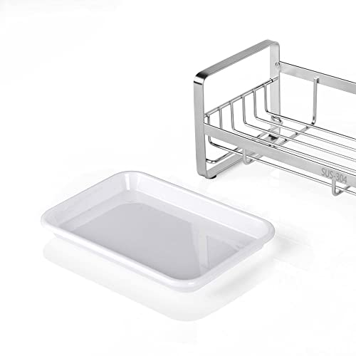 HULISEN Kitchen Sink Sponge Holder, 304 Stainless Steel Kitchen Soap Dispenser Caddy Organizer, Countertop Soap Dish Rack Drainer with Removable Drain Tray, not Including Dispenser and Brush - color: Silver, size: Medium
