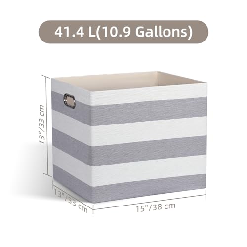 13x15x13 Storage Cube Bins, Foldable Storage Cubes, Fabric Organizer Basket Bin, Striped Containers Decorative Storage Boxes for Shelves Wardrobe Closet Home Office, 4 Pack, Gray/White - color: Gray/White