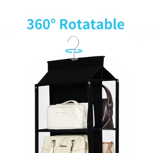 8 Grids in 1 Rotatable Hanging Purse Handbag Organizer with Double Zippers, Visible Purse Organizer for Closet, Fully Enclosed Handbag Storage Holder-Black - color: Black, size: Rotatable