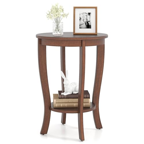 GOFLAME 2-Tier Round End Table, 18” Sofa Side Table with Storage Shelf, Floor Tea Table with Solid Wood Legs, Compact Nightstand for Small Space, Living Room, Bedroom, Walnut - color: Walnut