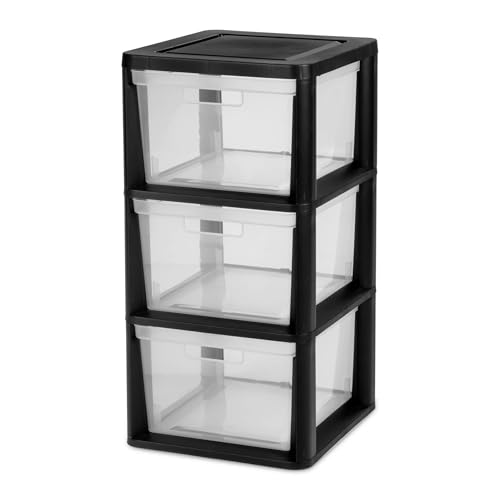 Plastic Drawer Wide Tower Plastic Storage Cart with Clear Pull Out Drawers, Black (Black, 3 Drawer Wide Tower) - color: Black