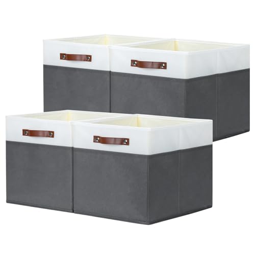 Temary Cube Storage Bins 4Pack Foldable Cube Baskets for Clothes Shelf Storage Basket with Handles, Storage Box Fabric Storage Organizer Bins for Home (White&Grey, 13x15x13 Inch) - color: White&Grey, size: 13x15x13
