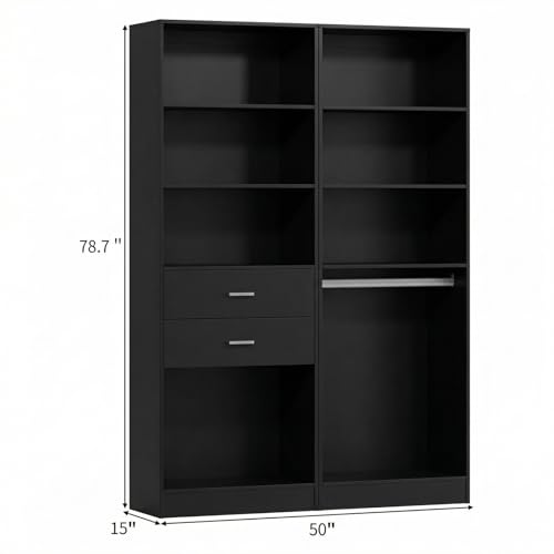 VOWNER 50'' Freestanding Closet System with Drawers & Adjustable Shelves & Rod, Wood Walk in Closet Organizer System, Shelving Unit, Garment Rack, Armoire Wardrobe Closet Bedroom Entryway, Black, BC - color: Black