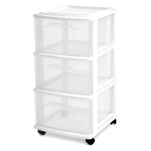 HOMZ Drawer Tower, 3-Tier Rolling Storage Cart with Removable Wheels, White Frame – Plastic Organizer with Clear Bin Drawers for Bedroom, Bathroom, Home Office, and Dorm Room - color: White, size: 1 Pack