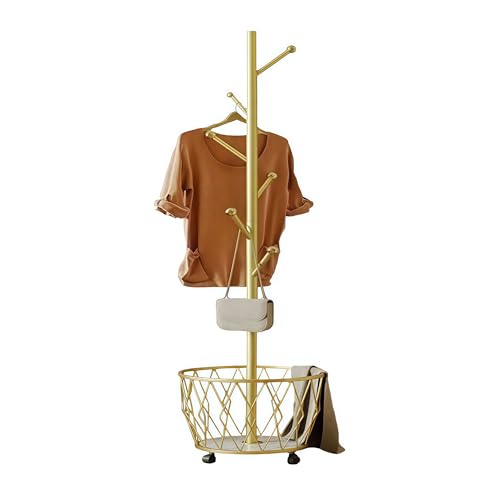Freestanding Metal Coat Rack Stand with Basket Modern Organizer for Scarf Jacket Hat Bags Ideal for Home Entryway Bedroom Corner Stable and Moveable tree (gold) - color: gold