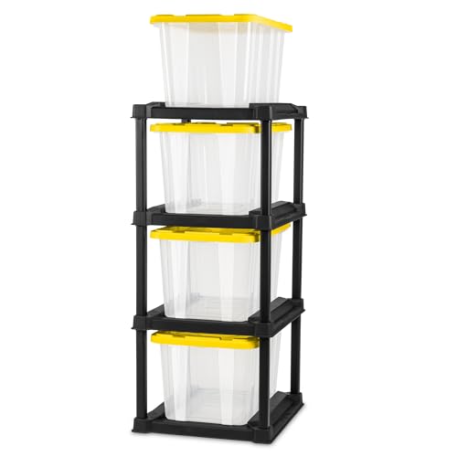Sterilite 4 Tier Tote Rack, Vertical Plastic Organizer with 4 Pack 27 Gallon Industrial Storage Totes, Clear - for Garages, Workshops, or Basements - size: 27 Gallon - Clear/Yellow + Tote Rack