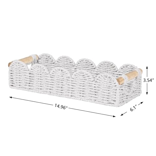 CubesLand Bathroom Basket Organizer w/Cut Out Handle, Back of Toilet Paper Storage Baskets Tray for Bathroom Countertop Decorative, Scalloped Wicker Basket Also for Home Decor, Living Room, White - color: White