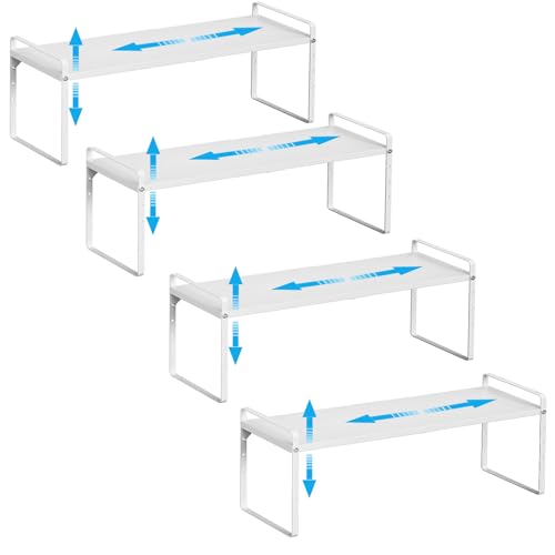 15.5 to 25.5 Inch Kitchen Cabinet Shelf Organizers, Adjustable Kitchen Counter Shelf Organizer, Set of 4 Expandable Countertop Storage Shelves, Stackable Design, 30LBS Heavy Duty, Space Saver - color: White