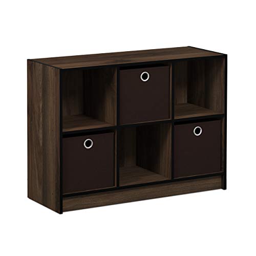 Furinno BASIC Book Shelf, 6-Cube Bookshelf with Open Shelf, 3 x 2 Bookcase with Storage Bins, Closed Back, Horizontal, 11.9 x 31.6 x 23.6, for Living Room, Bedroom, Home Office, Columbia Walnut - color: Columbia Walnut/Dark Brown, size: 6-Cube with Bin