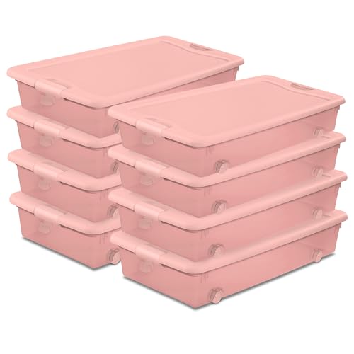 Sterilite 8 Pack Wheeled Under Bed Storage Container, 56 Qt Plastic Bin w/Latching Lid for Organization - Clothes & Shoes Organizer, Pearl Blush Tint - color: Pink, size: 8 Pack