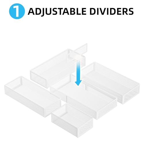 Marbrasse 5 Pack Desk Drawer Organizer Set, Mesh Drawer Storage Trays with 1 Adjustable Divider, Desk Organizers and Accessories, 5 PCS Drawer for Office Supplies, Makeup & Vanity (White) - color: White