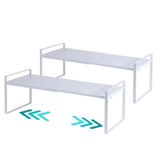 2-Pack Expandable Shelf Organizer for Kitchen Countertop, kitchen organizers and storage，under sink expandable shelf organizer - color: White, size: 8.2''D * 12.2-21.6''W * 7.7''H(2 Pack)