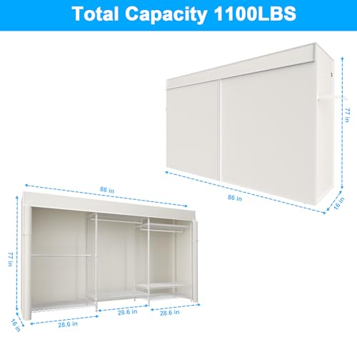 Ulif E13C Max Heavy Duty Closet Organizer System，Freestanding Clothing Racks for Hanging Clothes，Adjustable Garment Rack 86" W x16 D x77 H Hold 1100 lbs，White Rack with White Dustproof Cover - color: White Rack with White Cover, size: E13C Max