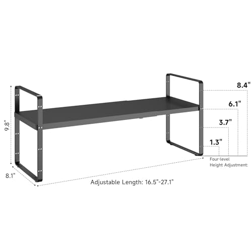 16.5~27.1" Expandable Shelf Organizer, 1Pack 8.1" Wide Stackable Cabinet Shelf Organizers, Black Metal Sturdy Kitchen Counter Storage for Countertop, Adjustable Height Spice Rack - color: Black, size: 1Pack-8''W-Holeless