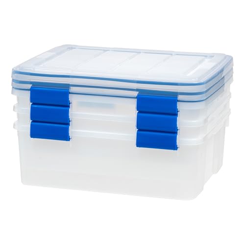 IRIS USA WeatherPro 27 Qt Storage Bins with Lids, 3 Pack, BPA-Free Plastic Gasket Box with Tight Latch and Seal, Stackable Nestable Tote Tub - Clear/Blue - size: 27 Qt. - 3 Pack