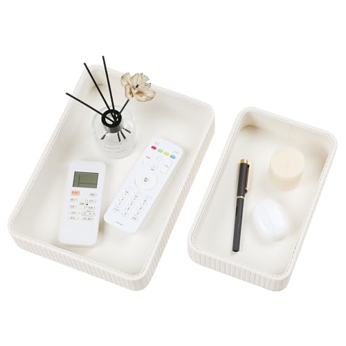 Desk Organizer Tray, PU Leather Nightstand Organizer Perfume Valet Tray for Men Women, Decorative Vanity Trays Trinket Dish Key Bowl for Entryway Table (2pcs, Ivory, Large+Small) - color: Ivory, size: 11.5" x 8.3" x 2.2"& 9.5" x 6" x 2.2"