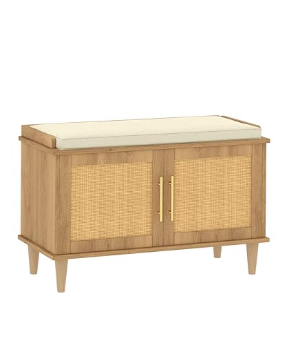 Akxomel Rattan Shoe Storage Bench with Cushion, 2-Tier Entryway Bench with Adjustable Shelves and 2 Doors, 15" D x 31.5" W x 20" H, Solid Wood Legs, for Hallway, Living Room, Bedroom, Natural Oak - size: 15"D x 31.5"W x 20"H