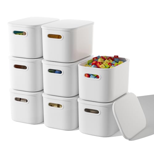 ORGIDOL 8 Pack White Storage Bins with Lids Stackable Storage Container for Organizing, Storage Boxes with Handle for Shelves, Cute Storage Bin for Craft, Snacks, 9.85x6.9x5.7 inch - color: White, size: 8 Pack