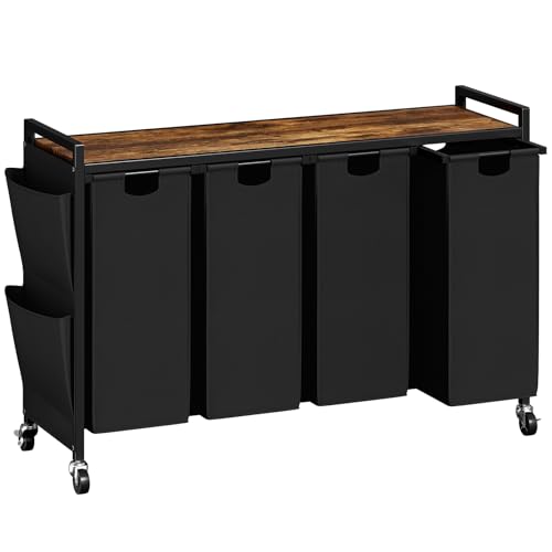 WOWLIVE 4-Compartment Laundry Hamper with Lid,Rolling Laundry Basket Organizer with Wheels, Iron-Made Laundry Sorter with Top Shelf and 4 Removable Bags,Large Clothes Storage for Room,Black - color: Black, size: 220L (43.7 x 13 x 28.8 Inches)