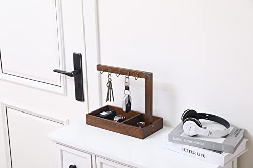 Wood Entryway Tabletop Key Holder Rack，Rustic Burnt Decorative Organizer with Storage Tray and Brass Tone Hooks，Jewelry Key Stand Hanging Organizer