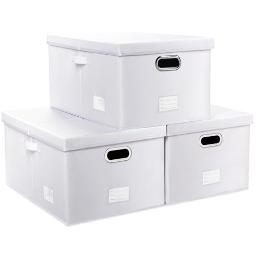 PRANDOM Collapsible Storage Box with Lid [3-Pack] Leather Fabric Foldable Storage Bin Organizer Container Basket Cube with Cover for Home Bedroom Closet Office Nursery White(22.8X15.7X11.8) - color: White, size: X-Large(3-Pack)
