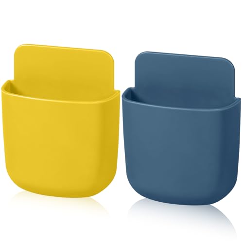 Remote Control Holder, Wall Mount Pen Holder Hole-Free Self Adhesive Phone Charging Organizer Pencil Storage Containers for Home Office School Supply Orgaizer(Blue,Yellow,2Pcs) - color: Blue,Yellow,2Pcs