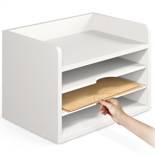 Ballucci File Organizer, 4-Tier Office Desk Organizer, Open Top Wood Paper Organizer for Classroom, Desktop Mail Sorter Paper Tray, White - color: White, size: 4 Tier