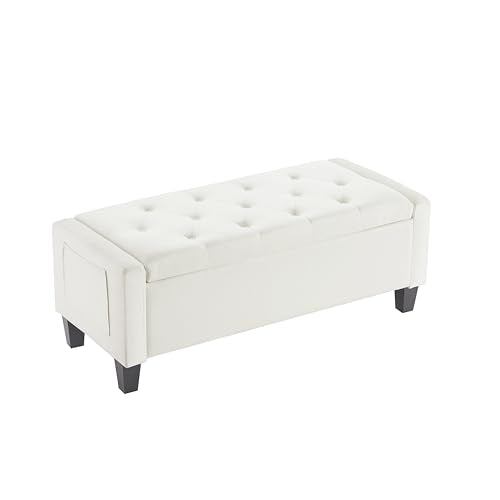 Virabit Velvet Storage Ottoman Bench, End of Bed Bench with Button, Two Side Storage Pockets, Organizer Storage Chest, Upholstered Foot Rest with Legs, Load up to 400 lb, Beige