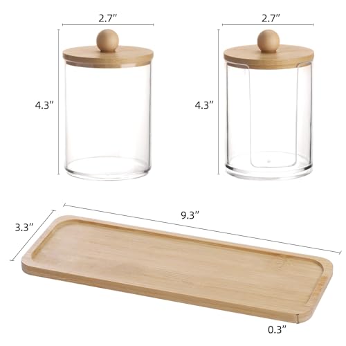 Tbestmax 10 oz Qtip Holder with Vanity Tray, 3 Pack Cotton Swab/Ball/Pad Dispenser Apothecary Jar, Clear Bathroom Containers Dispenser for Storage Bamboo Lids - color: Group B-Beige Bamboo