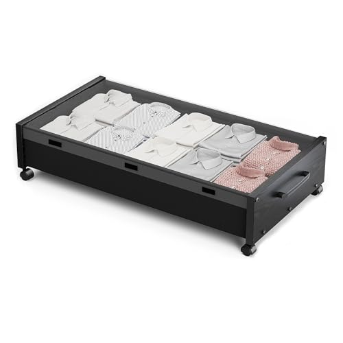 KITHELP Wooden Under Bed Storage with Wheels, Rolling Under the Bed Storage Bins with Removable Lid, Metal Under Bed Drawers for Clothes and Shoes in Bedroom or Living Room(Black Wood-1pack) - color: Black Wood-1pack