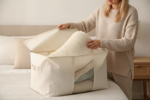 DoYiKe Soft Large Canvas Comforter Storage Bags with Four Carrying Handles and Clear Window, Closet Organizer for Clothing, Blankets Sheets Pillows and Bedding, 80L, 6 Pack, Beige - color: Beige, size: 80L - 6 Pack