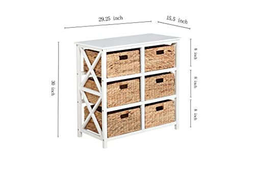 eHemco 3 Tier X-Side End Storage Cabinet, Table with 6 Wicker Baskets for Bedroom, Living Room in White - color: White, size: 15.5"D x 29.3"W x 30"H (6 Drawers)