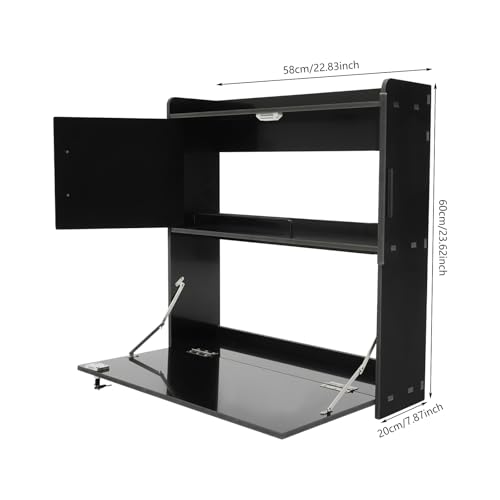 Wall Mounted Folding Desk with LED Light, Space-Saving Laptop Table for Home Office, Writing Workstation with Storage Shelves and Drawer, Floating Cabinet, 58x20x60cm (Black) - color: Black