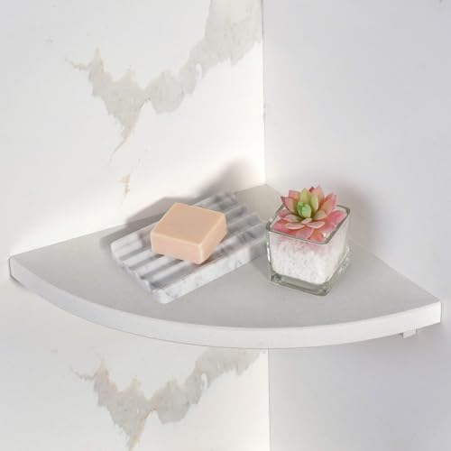 Koville Natural Marble Corner Shower Shelf for Bathroom, 10'' Polished Marble Corner Shelves, Wall Mounted Stone Corner Shower Caddy, No Drilling Adhesive Shelf - White Cliff (No Glue Included) - color: White Cliff, size: 1-Layer