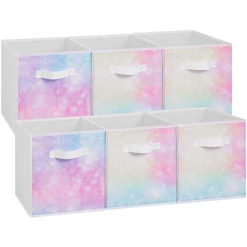 Stero Fabric Storage Cubes, 6 Pack Foldable Storage Bins Baskets with Handle, 11 Inch Box for Shelves, Closet, Organizer, Tie-dye White - color: Tie-dye Pink, size: 11"-6 Pack
