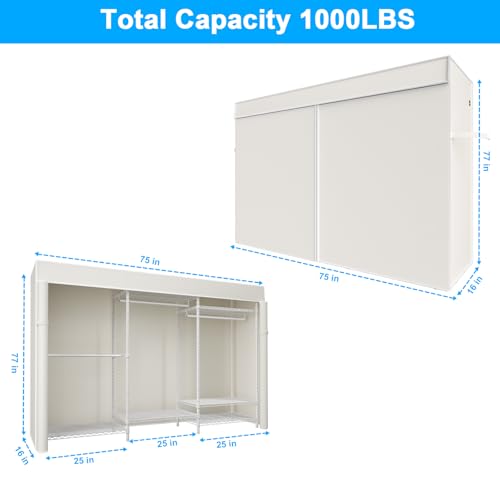 Ulif E13C Pro Heavy Duty Closet Organizer System，Freestanding Clothing Racks for Hanging Clothes，Adjustable Garment Rack 75" W x16 D x77 H Hold 1000lbs，White Rack with White Dustproof Cover - color: White Rack with White Cover, size: E13C Pro
