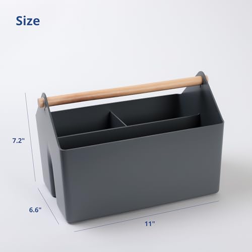 BLUE GINKGO Medium Storage Basket – Plastic Caddy with Wooden Handle for Office, Arts & Crafts, or Home Supplies (Gray) - color: GREY, size: Medium
