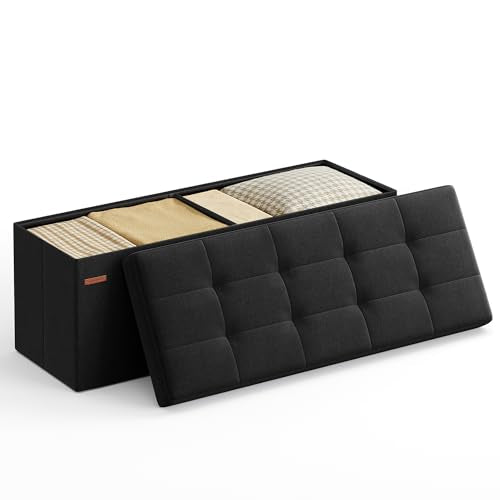 SONGMICS MAZIE Collection - 43 Inches Folding Storage Ottoman Bench, Ottoman Foot Rest, End of Bed Bench, Storage Chest, Load 660 lb, for Living Room, Bedroom, Entryway, Ink Black ULSF077B01 - color: Ink Black, size: 15"D x 43"W x 15"H