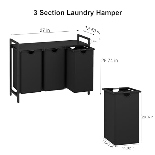 Laundry Hamper, Two -Color 3 Section Laundry Basket with 3 Removable Laundry Sorter Bags and Top Shelf, Clothes Hamper for Laundry Room, Bathroom - style: 3bags-Rustic Brown