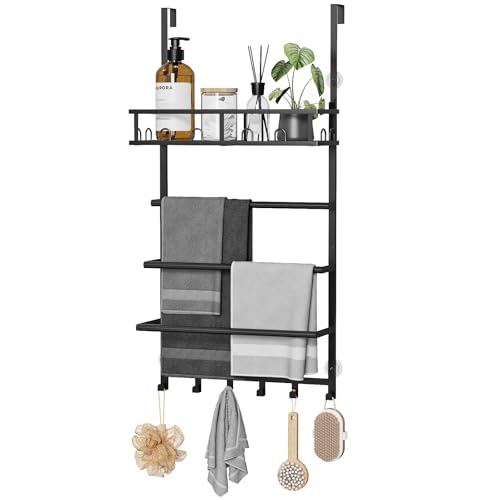 Aetyord Towel Racks for Bathroom Over the Door Towel Rack Towel Storage with Metal Shelf Basket and Hooks Black - color: Black