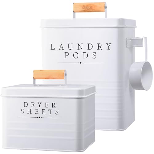 Yaocom 2 Pcs Laundry Pod Container with Dryer Sheet Holder Farmhouse Laundry Room Decor Organization and Storage Detergent Container Box with Lid Handle Metal Dryer Sheet Dispenser(White) - color: White