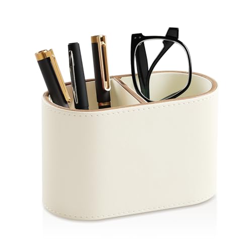 PU Leather Pen Holder for Desk, Small Remote Control Holder Pencil Cup Multifunctional Desktop Organizer Caddy for Home School Office Desk Accessories - 2 Compartments (Beige) - color: Beige